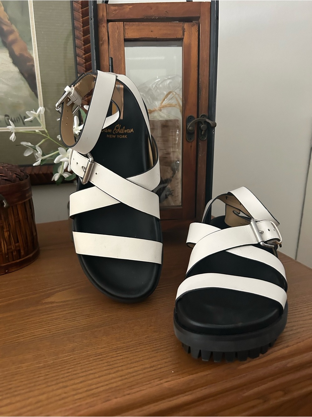 Sam Edelman White Strappy Leather Sandals with Black Footbed